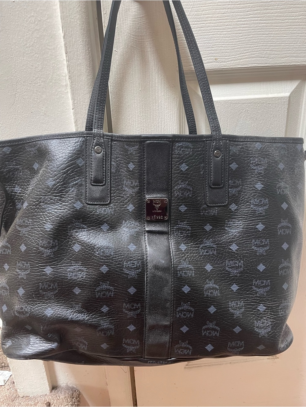 MCM Black Logo Monogram Tote with Silver Plaque